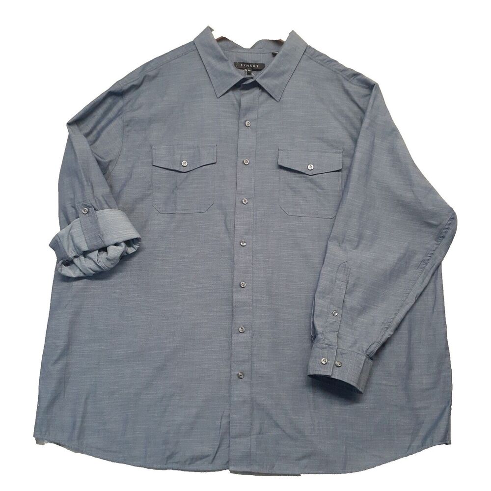 Synrgy Men's 3XL Blue Chambre Button Up Shirt Long Sleeve Casual Roll Tab Sleeve